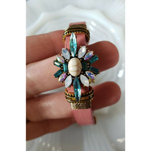 Laura Janelle Bracelet Pink Band Goldtone Chain Blue White Rhinstones Jewelry